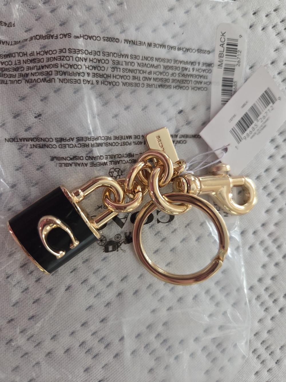 Coach Black Enamel and Gold-Tone Logo Charm Keychain